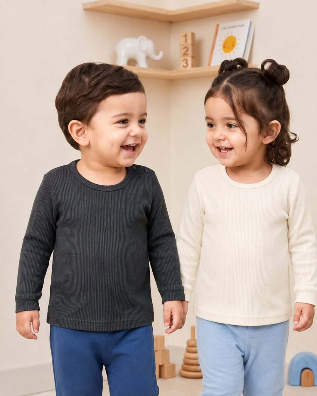 Two young children standing indoors and smiling at each other. The child on the left wears a dark charcoal ribbed long-sleeve top with blue pants, and the child on the right wears a cream long-sleeve top with light blue pants.