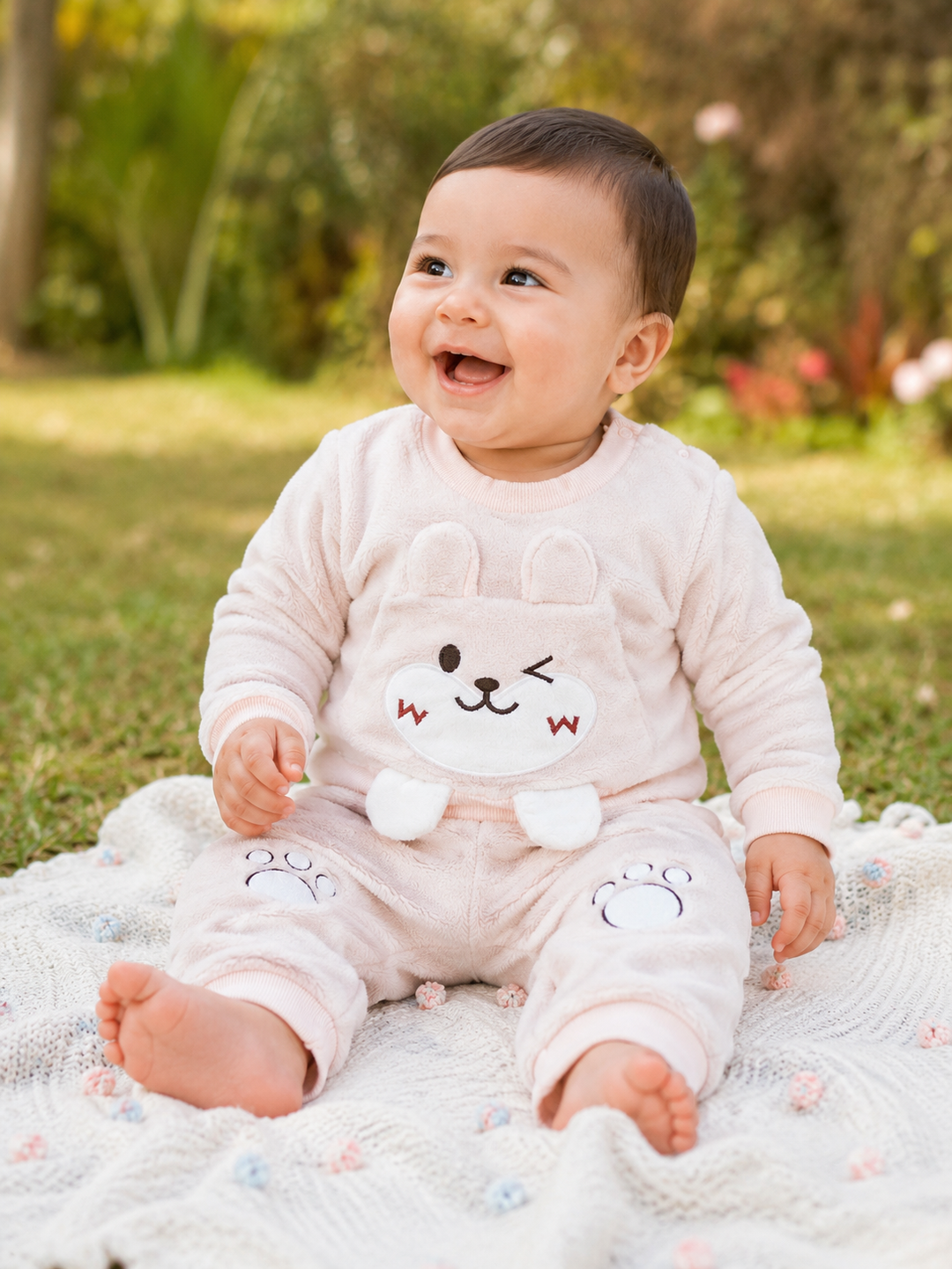 A baby sitting outdoors on a white blanket, wearing a pale pink long-sleeve pajama set with a cute bunny face graphic on the chest and paw prints on the legs.