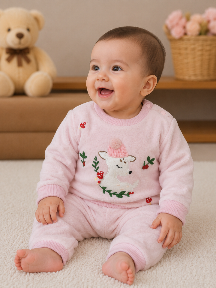 A baby sitting on a cream carpet wearing a light pink two-piece knit outfit with a white bear and green leaf embroidery on the front. The background shows a soft-focus indoor setting with a teddy bear and flowers.