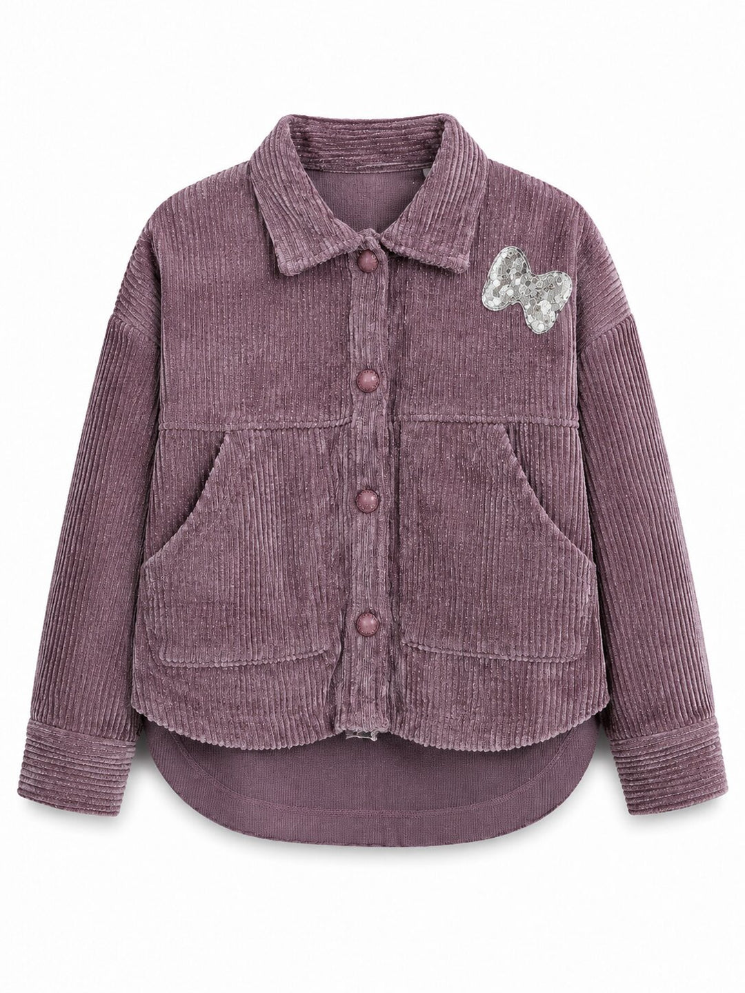 A dusty purple corduroy jacket for kids, featuring a button-up front, a pointed collar, two front patch pockets, and a silver sequined butterfly embellishment on the left chest, shown against a plain white background.