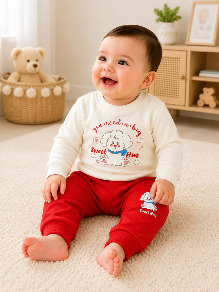A baby sitting on a cream carpet in a bright room, wearing a cream long-sleeve shirt with a cartoon dog graphic and red pants.
