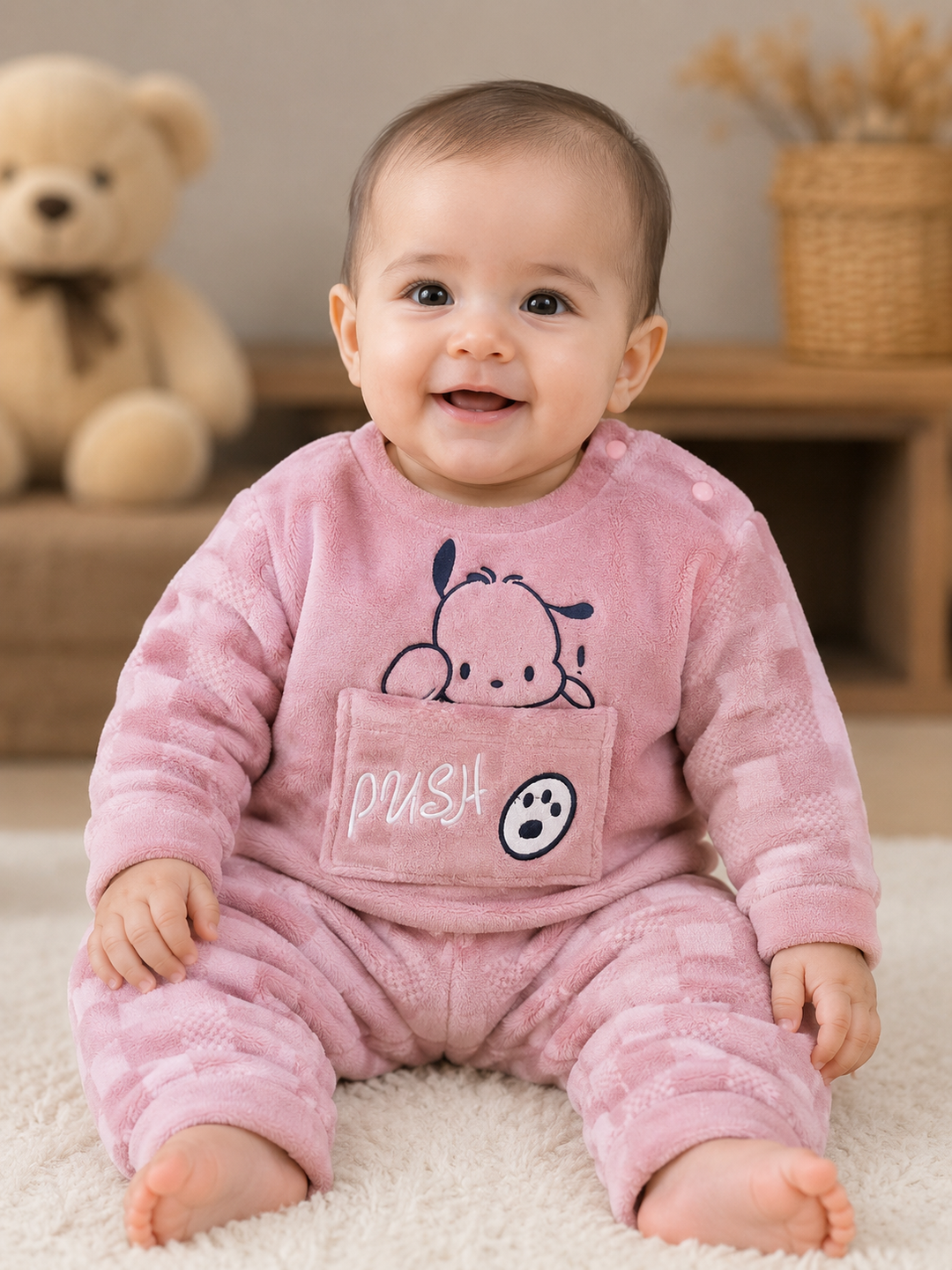 A smiling baby sitting on a white rug wearing a pink textured fleece pajama set with a cartoon dog graphic and a front pocket that says 'PUSH'.