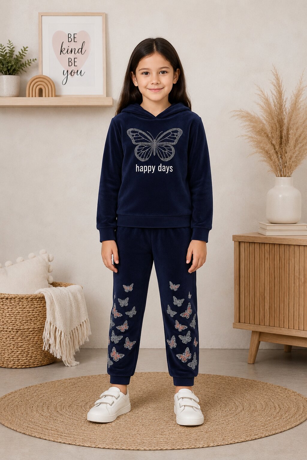 A young girl stands on a round jute rug wearing a navy blue two-piece loungewear set. The set includes a long-sleeve hoodie with a white butterfly graphic and 'happy days' text, and matching jogger pants with butterfly prints on the legs.