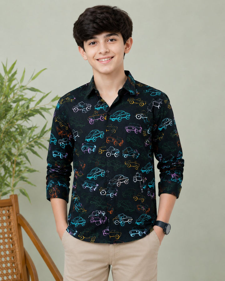 Sportking Boys Car Print Casual Shirt – Black