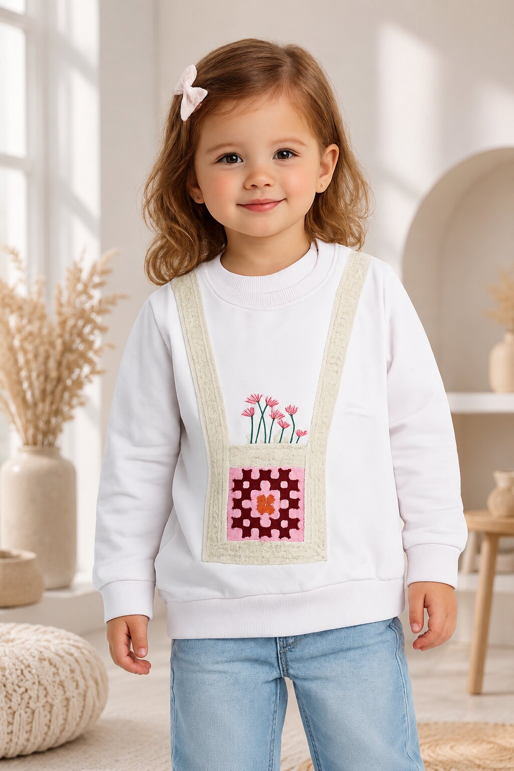 A young girl with light brown hair and a white bow smiling while wearing a white crewneck sweatshirt with a quilted floral pocket design, paired with light blue jeans in a bright, modern room.