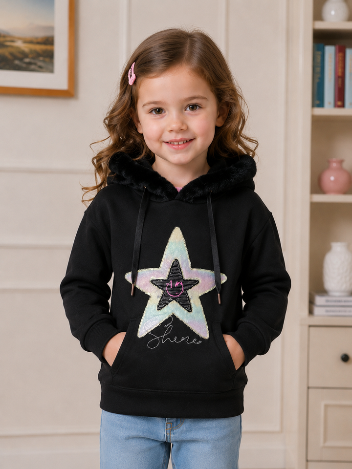 Sportking Girls Shiny Star Hooded Sweatshirt – Black