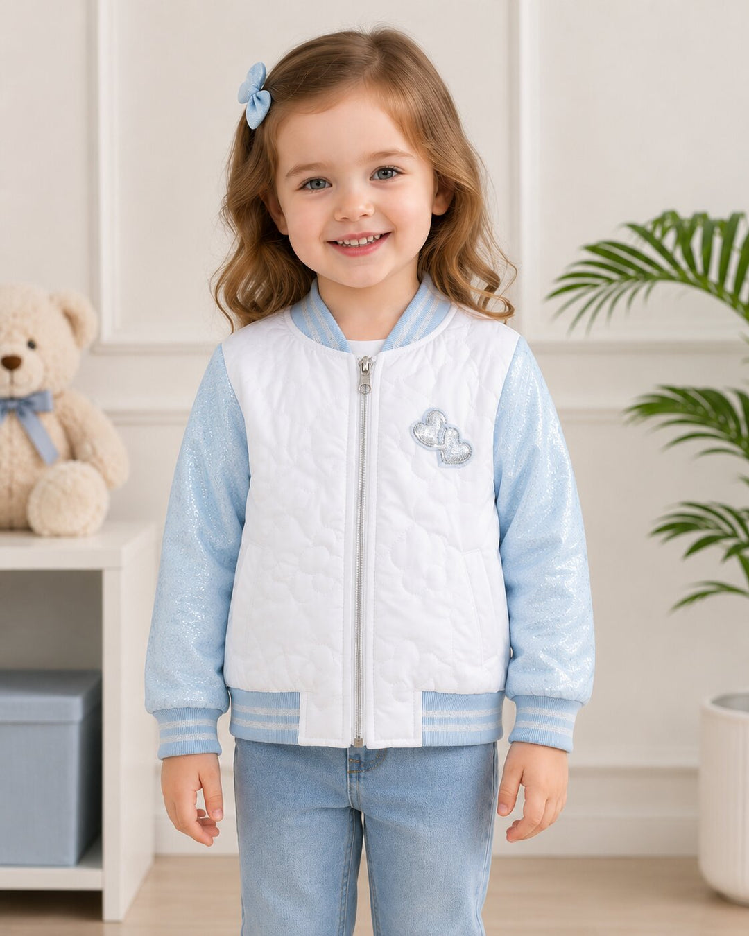 Sportking Girls Heart Applique Winter Jacket – White/Sky