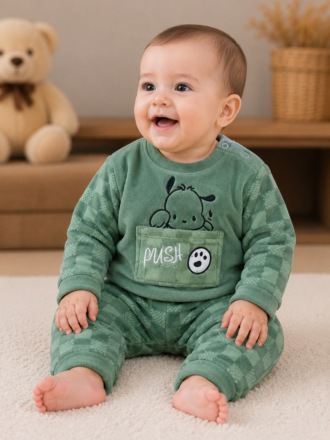 A smiling baby sitting on a cream carpet wearing a green long-sleeve footed sleeper with a cartoon dog graphic and a 'PUSH' label on the chest pocket, with a teddy bear and shelf in the background.