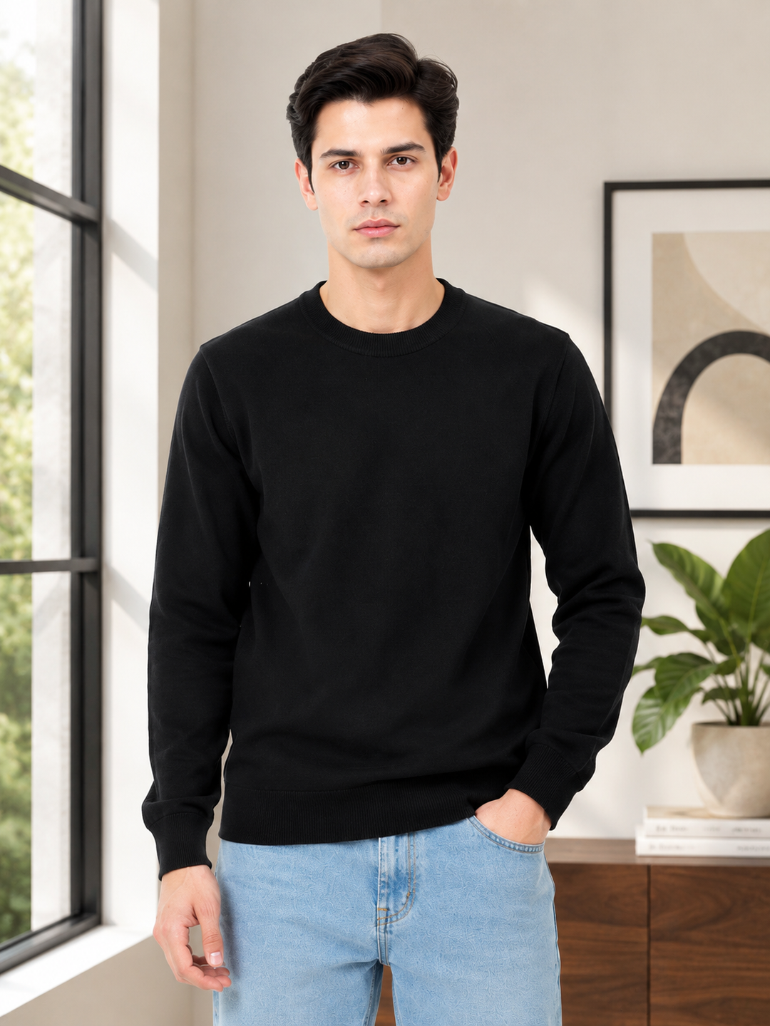 A man wearing a plain black long-sleeve crewneck sweater and light blue jeans, standing in a brightly lit room with a window, framed wall art, and a potted plant.