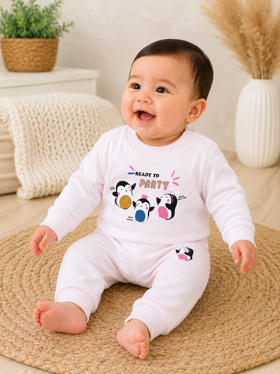 A smiling baby sitting on a woven jute rug wearing a white long-sleeve romper with a colorful penguin graphic and the words 'READY TO PARTY' on the chest.