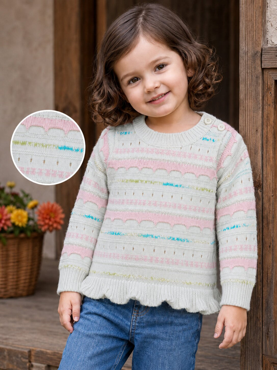 A young child wearing a knitted long-sleeve sweater with horizontal pastel stripes in pink, blue, and yellow over a light gray base, paired with blue jeans. A circular inset on the left shows a close-up of the sweater's striped knit texture.