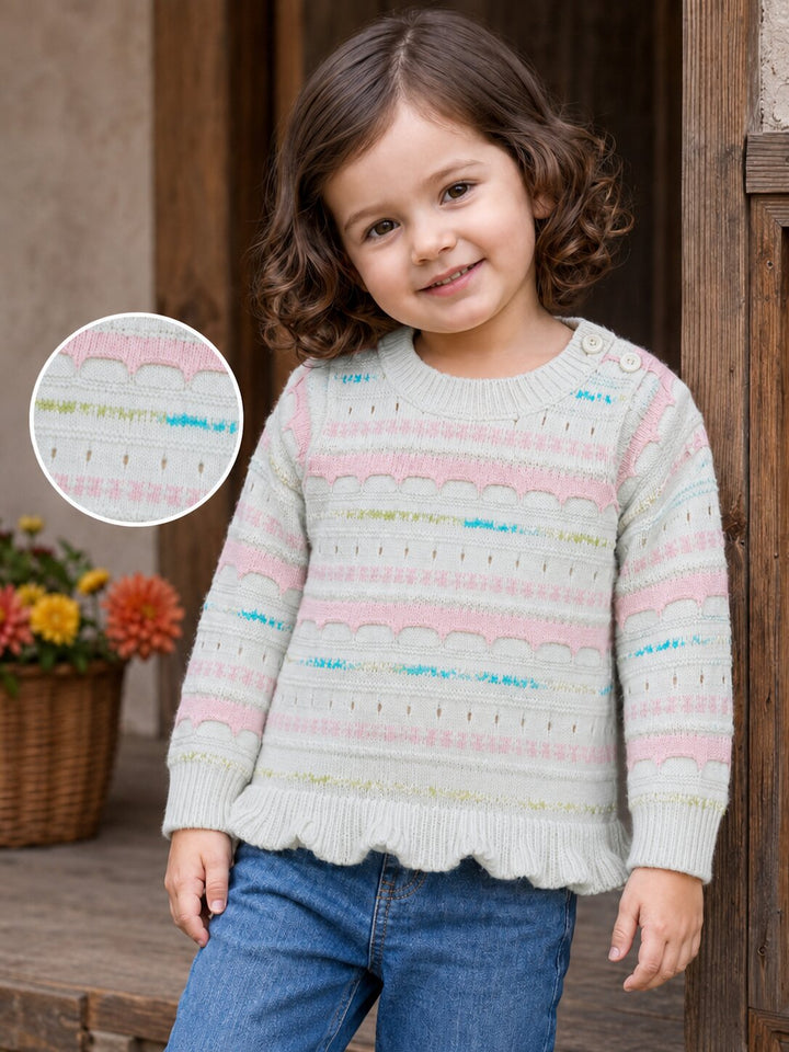 A young child wearing a knitted long-sleeve sweater with horizontal pastel stripes in pink, blue, and yellow over a light gray base, paired with blue jeans. A circular inset on the left shows a close-up of the sweater's striped knit texture.