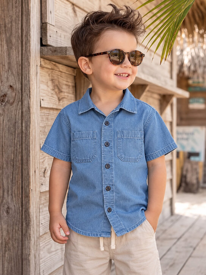 A young boy wearing a light blue short-sleeve denim shirt and beige pants, standing outdoors in front of a rustic wooden wall and palm leaves.
