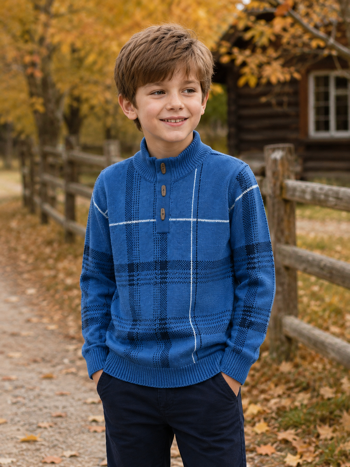 Sportking High Neck Check Jacquard Sweater – Blue