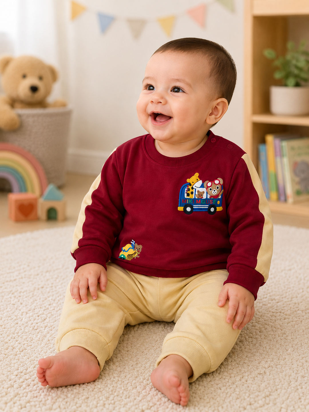 A smiling baby sitting on a cream carpet in a toy-filled room, wearing a burgundy and beige long-sleeve top with a cartoon train graphic on the chest, paired with beige pants.