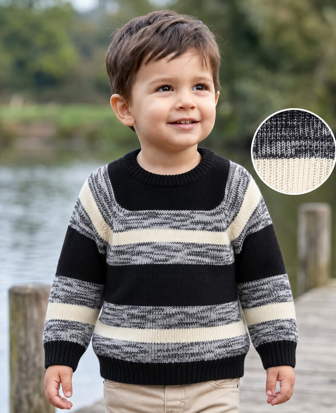 A young boy wearing a black and cream striped knit sweater, standing outdoors near a body of water with a circular inset showing a close-up of the knit pattern.