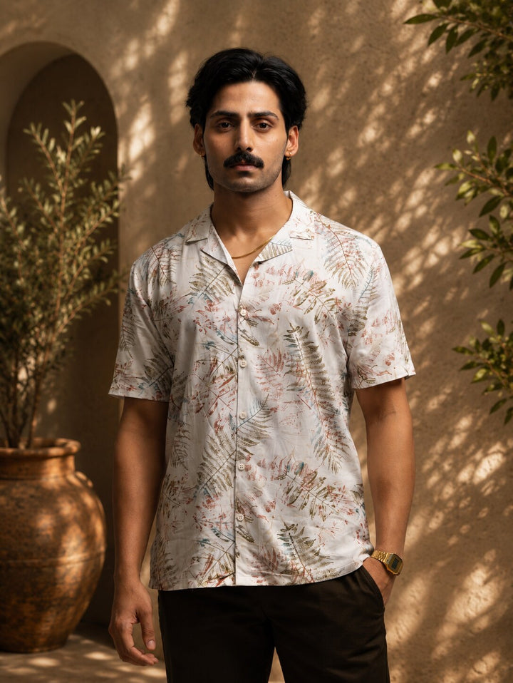 Tropical Leaf Print Casual Shirt – Cream