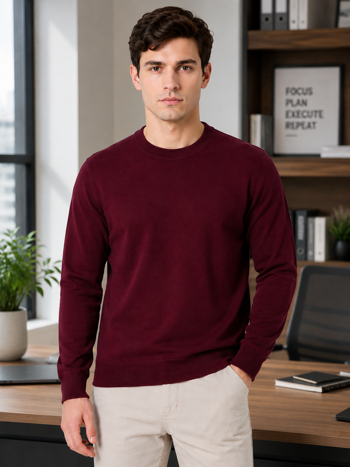 Solid Crew Neck Sweatshirt – Mehroon