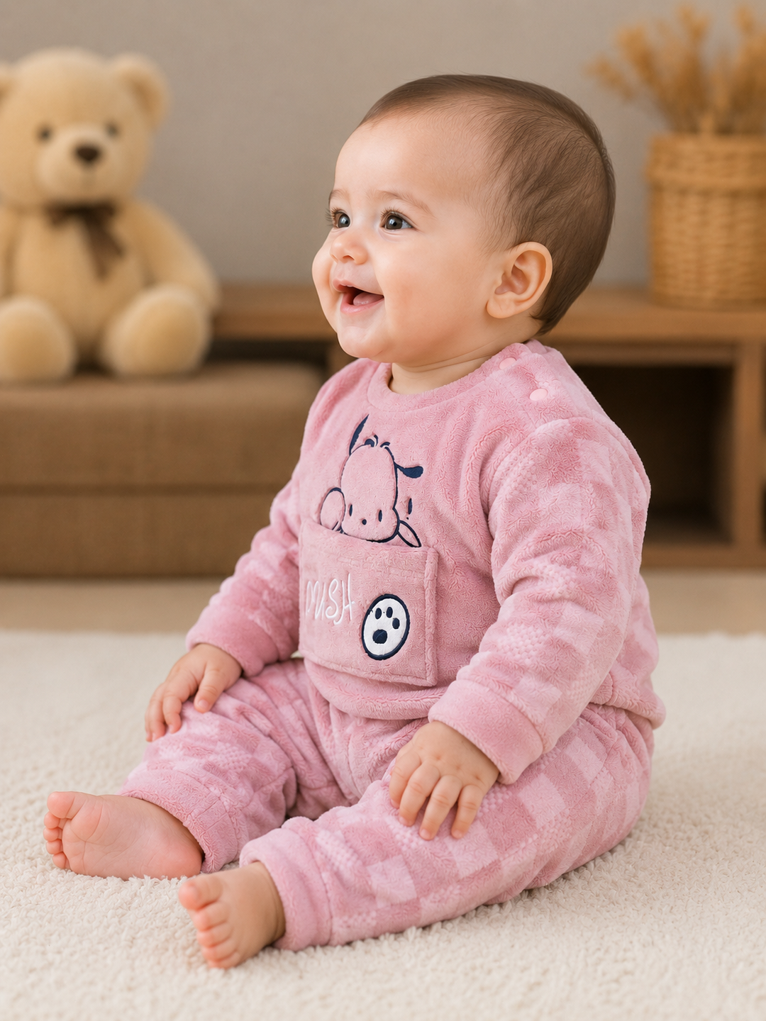 A baby sitting on a white carpet wearing a pink plush pajama set with a dog graphic on the chest, in a cozy room with a teddy bear in the background.