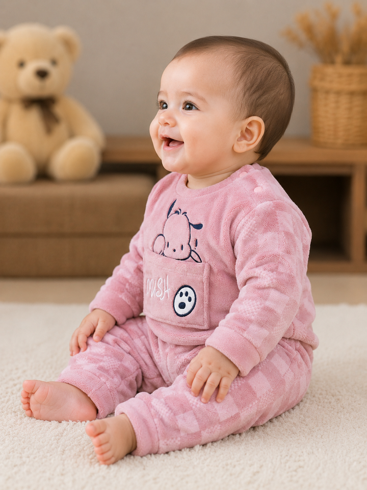A baby sitting on a white carpet wearing a pink plush pajama set with a dog graphic on the chest, in a cozy room with a teddy bear in the background.