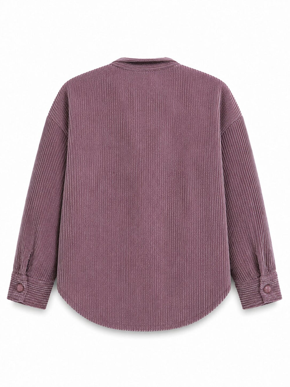 A dusty purple corduroy shirt with long sleeves and button cuffs, shown from the back on a white background.