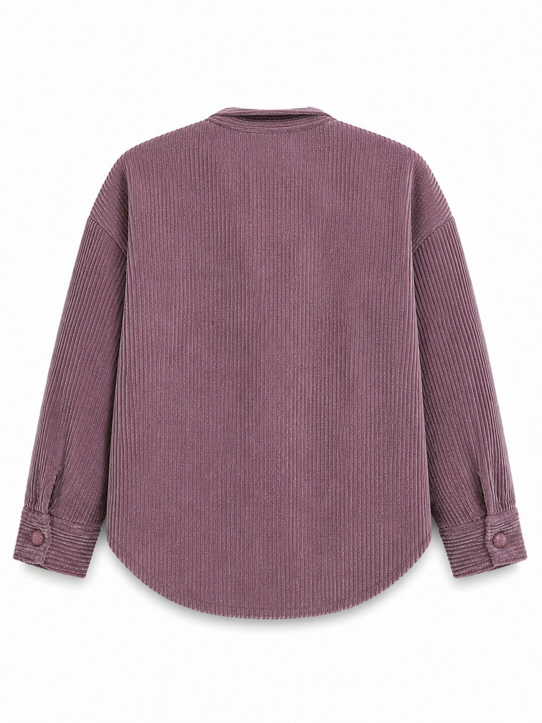 A dusty purple corduroy shirt with long sleeves and button cuffs, shown from the back on a white background.