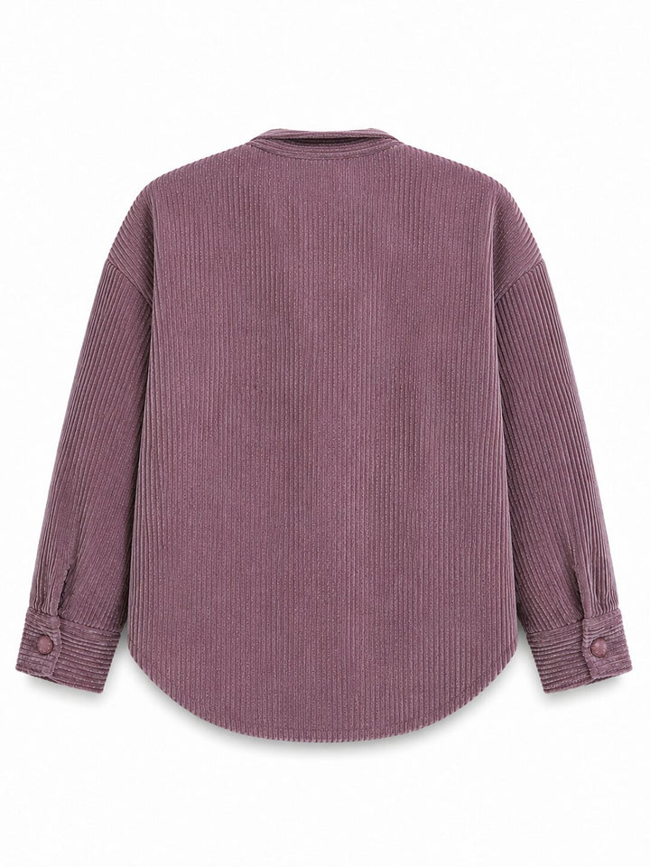 A dusty purple corduroy shirt with long sleeves and button cuffs, shown from the back on a white background.