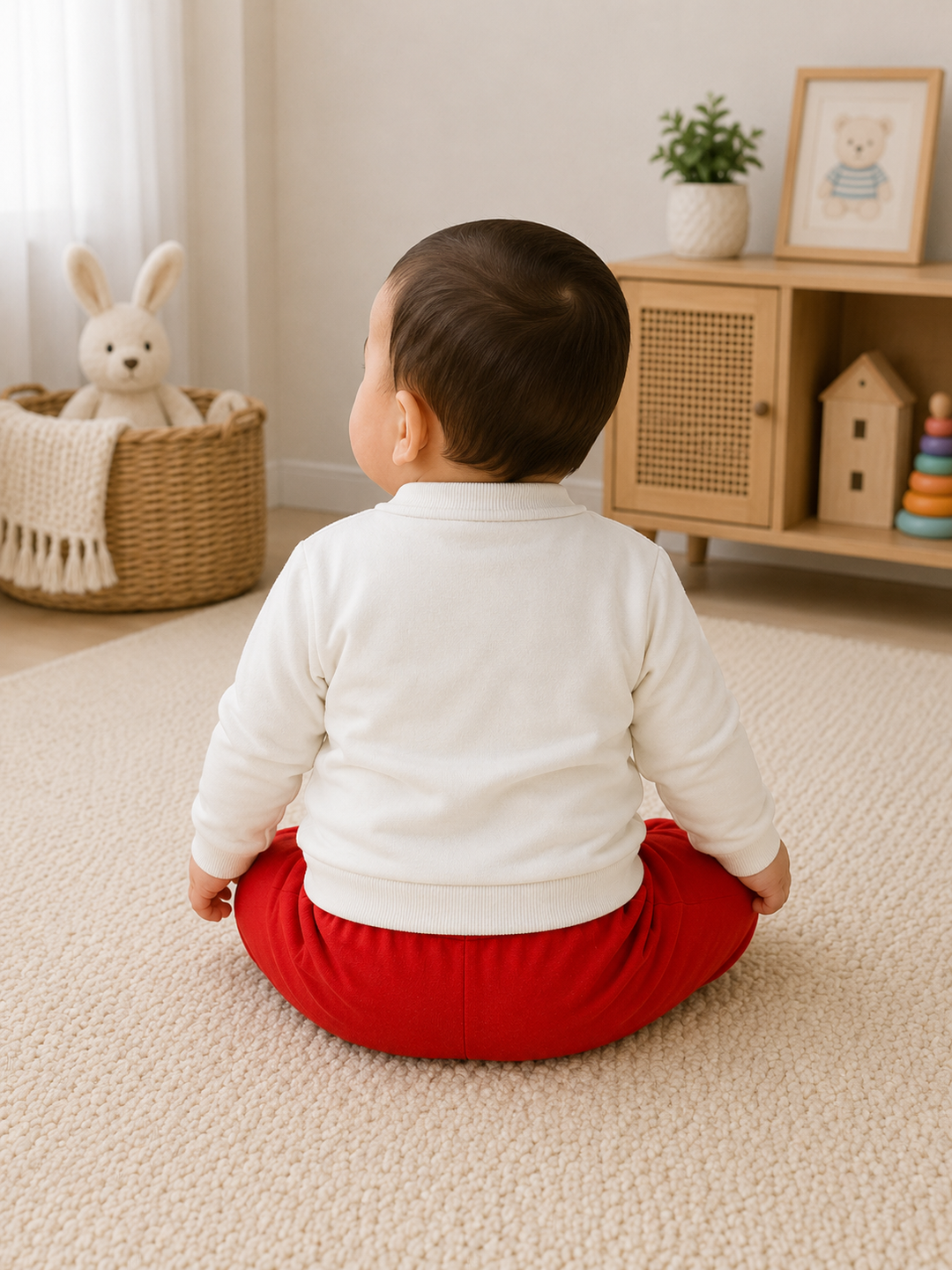 A baby sitting cross-legged on a beige carpet, viewed from behind, wearing a white long-sleeve top and bright red pants in a softly lit nursery setting.