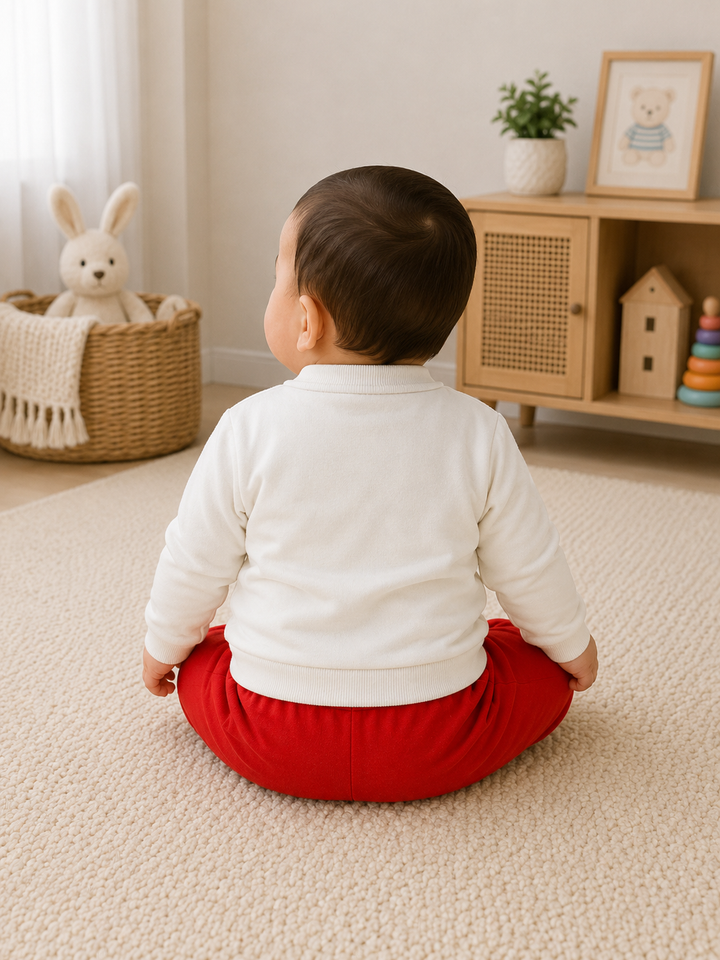 A baby sitting cross-legged on a beige carpet, viewed from behind, wearing a white long-sleeve top and bright red pants in a softly lit nursery setting.
