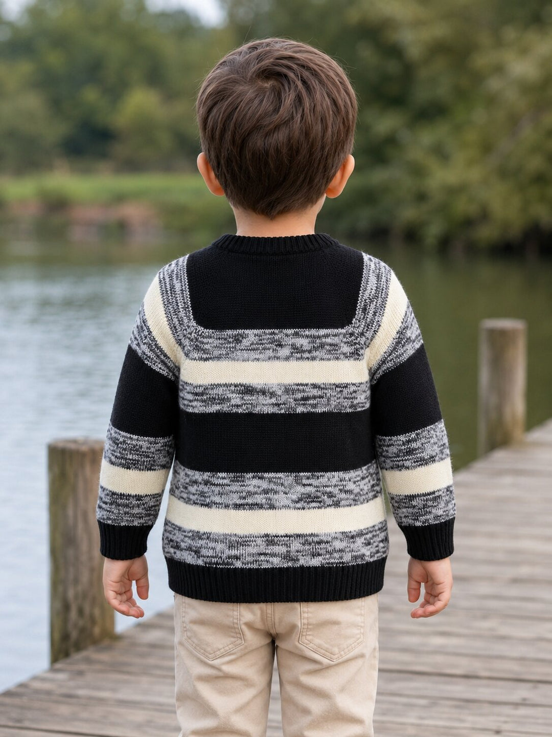 A child viewed from behind wearing a black and cream striped knit sweater and khaki pants, standing on a wooden dock with water and trees in the background.