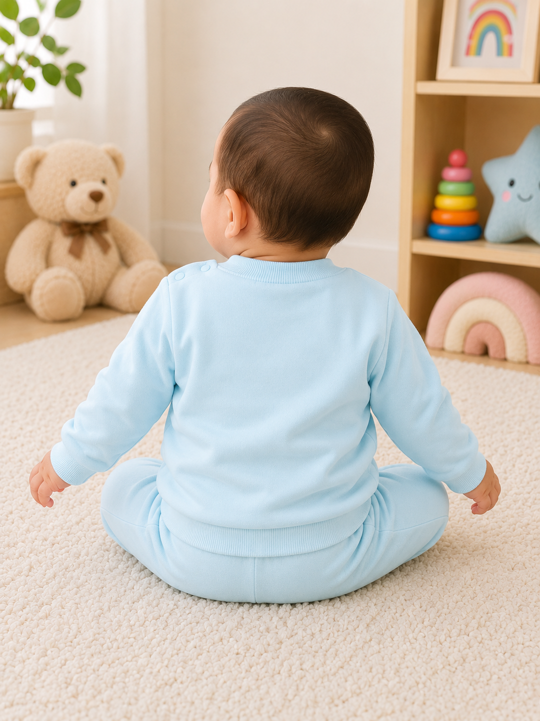 A baby sitting on a cream carpet in a playroom, viewed from behind, wearing a light blue long-sleeve footed sleeper. A teddy bear, rainbow toy, and shelves are visible in the background.