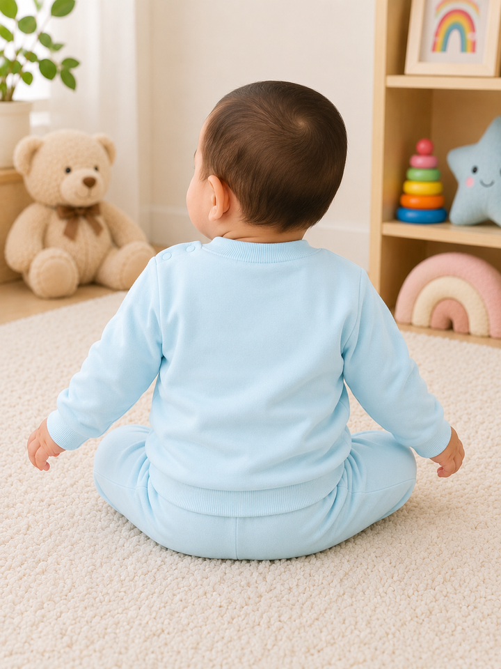 A baby sitting on a cream carpet in a playroom, viewed from behind, wearing a light blue long-sleeve footed sleeper. A teddy bear, rainbow toy, and shelves are visible in the background.
