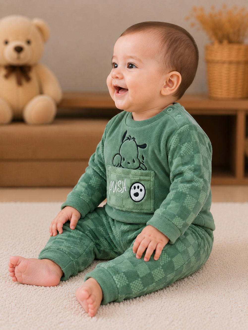 A baby sitting on a cream carpet wearing a green patterned long-sleeve romper with a dog graphic and paw print patch on the chest. A teddy bear and a wooden shelf are visible in the softly blurred background.