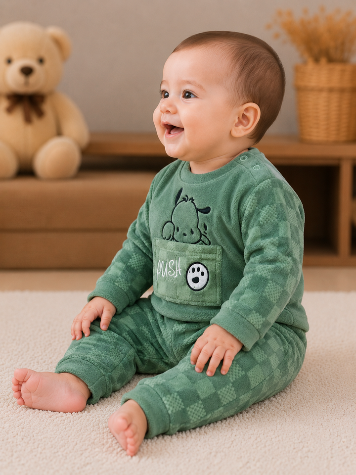 A baby sitting on a cream carpet wearing a green patterned long-sleeve romper with a dog graphic and paw print patch on the chest. A teddy bear and a wooden shelf are visible in the softly blurred background.
