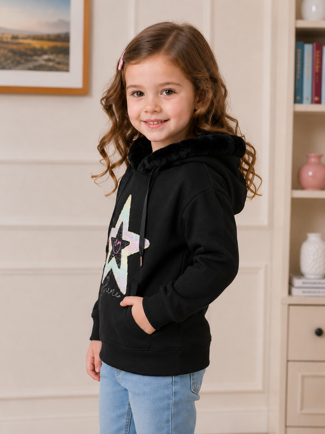 Sportking Girls Shiny Star Hooded Sweatshirt – Black