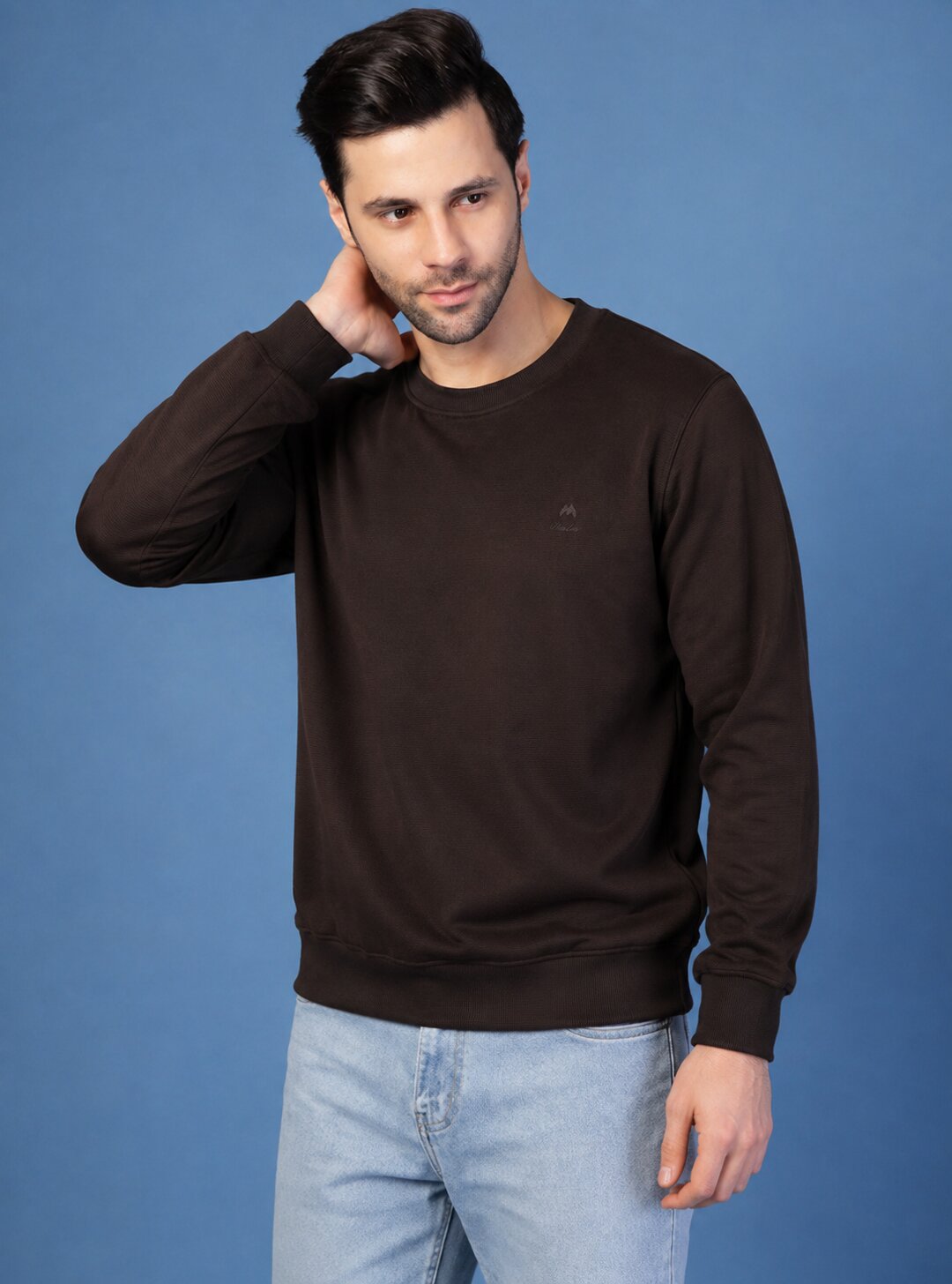 A man wearing a dark brown long-sleeve crewneck sweatshirt and light blue jeans, posing against a solid blue studio background.