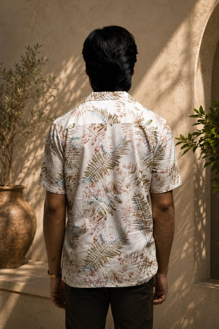 Tropical Leaf Print Casual Shirt – Cream