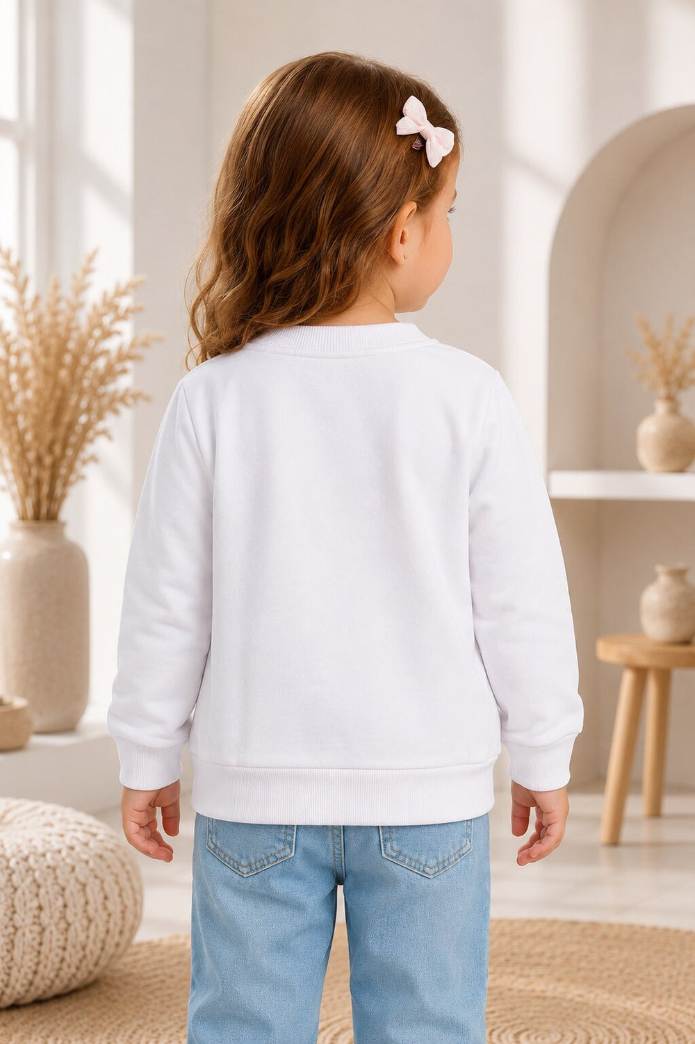 A young girl with brown hair and a white bow is shown from behind wearing a plain white long-sleeve sweatshirt and light blue jeans in a bright, modern indoor room.