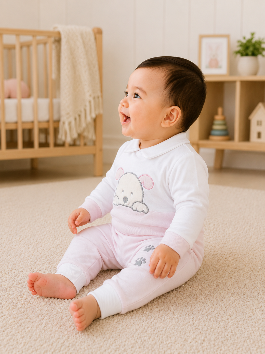 A baby sitting on a cream carpet in a nursery, wearing a white long-sleeve top and light pink pants with a cute cartoon dog graphic on the chest.