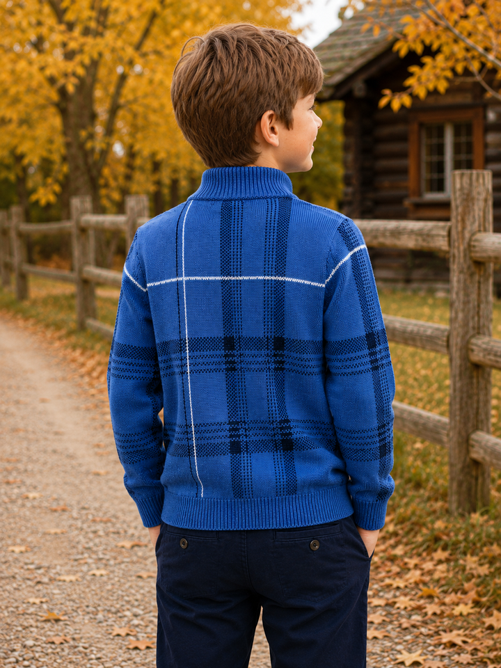 Sportking High Neck Check Jacquard Sweater – Blue