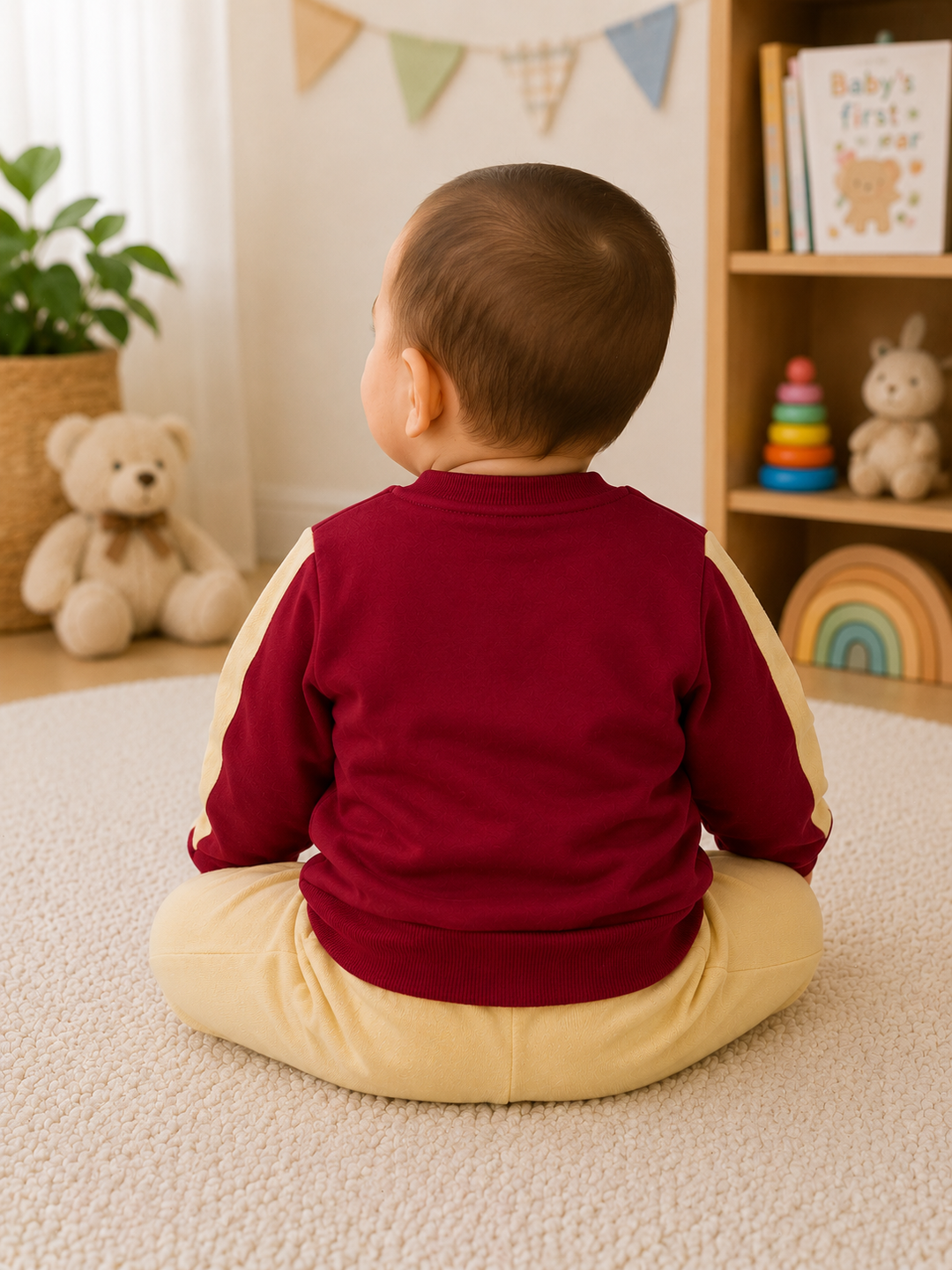 A baby sitting on a cream carpet, viewed from behind, wearing a burgundy long-sleeve top with beige side panels and matching beige pants in a cozy, toy-filled nursery.