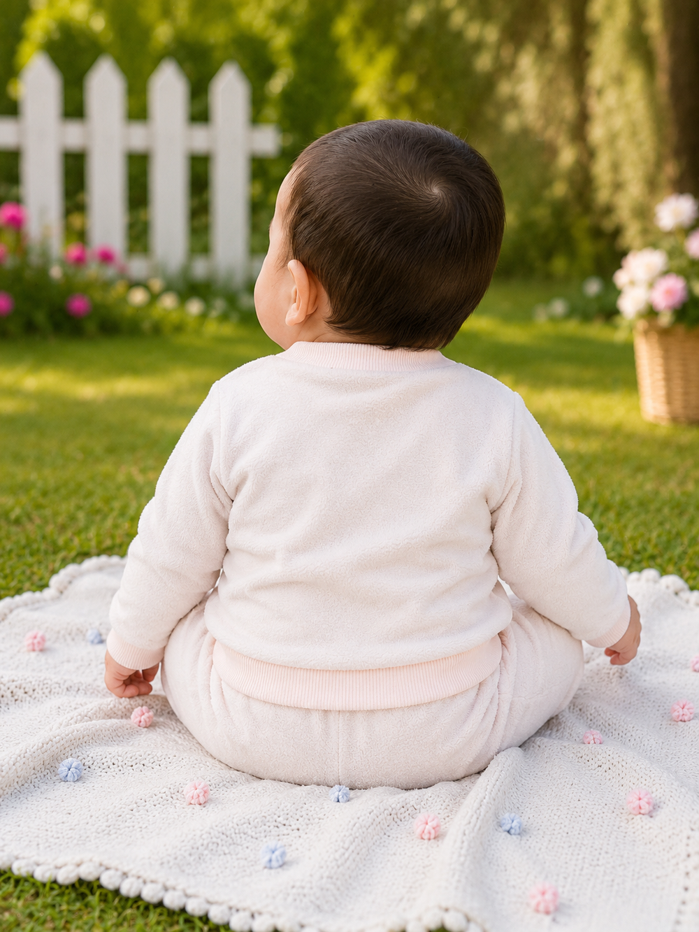 A baby sitting on a white knit blanket with pom-poms on a green lawn, viewed from behind. The baby is wearing a pale pink long-sleeve romper.