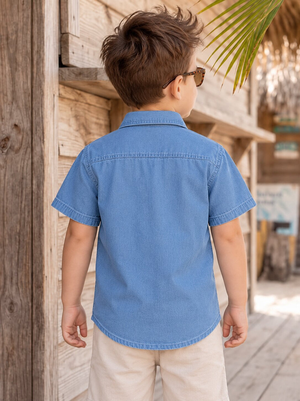 A young boy seen from behind wearing a light blue short-sleeve denim shirt and beige shorts, standing outdoors in front of a rustic wooden wall.