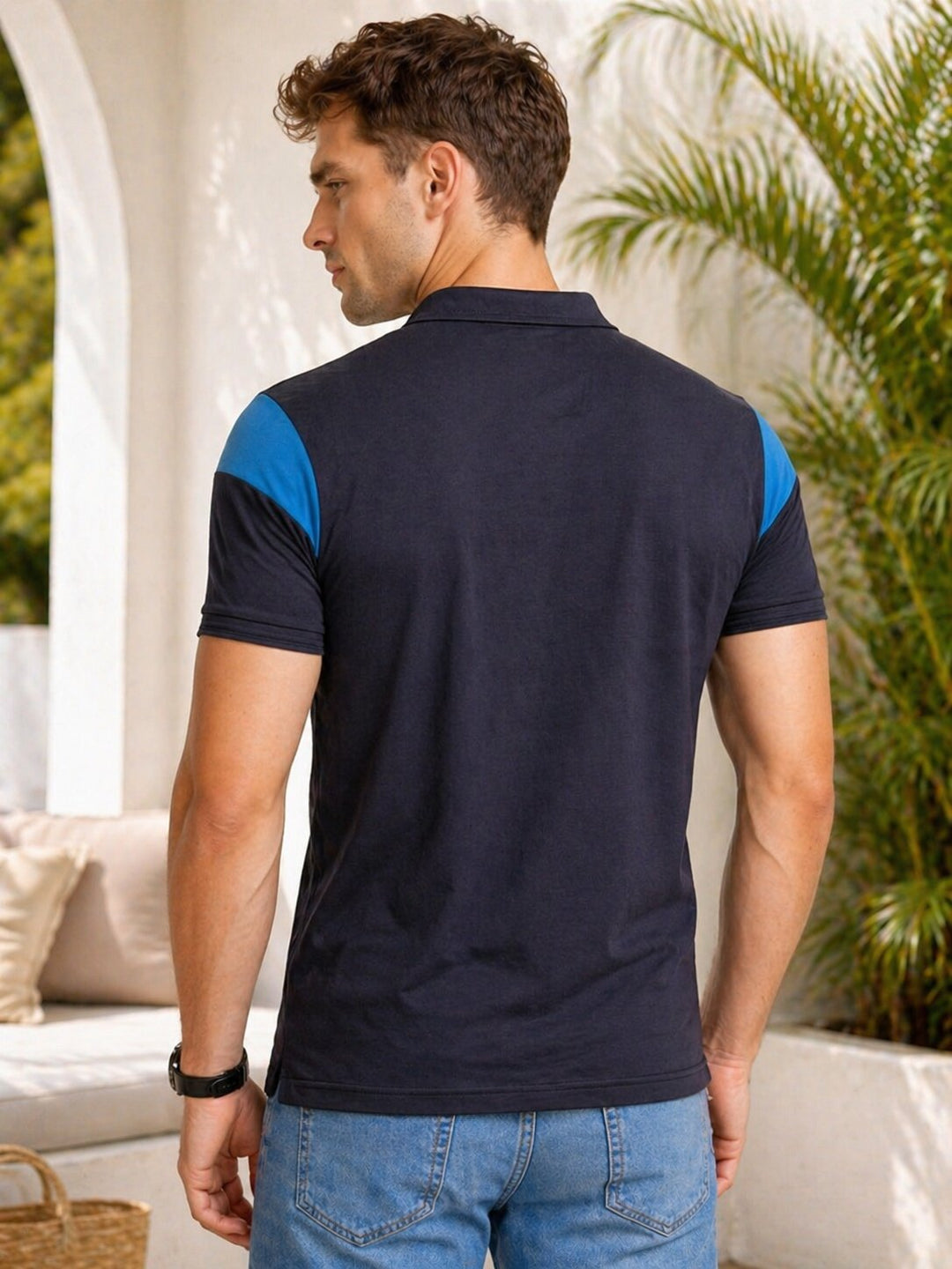 Polo T-Shirt with Contrast Vertical Stripes – Navy