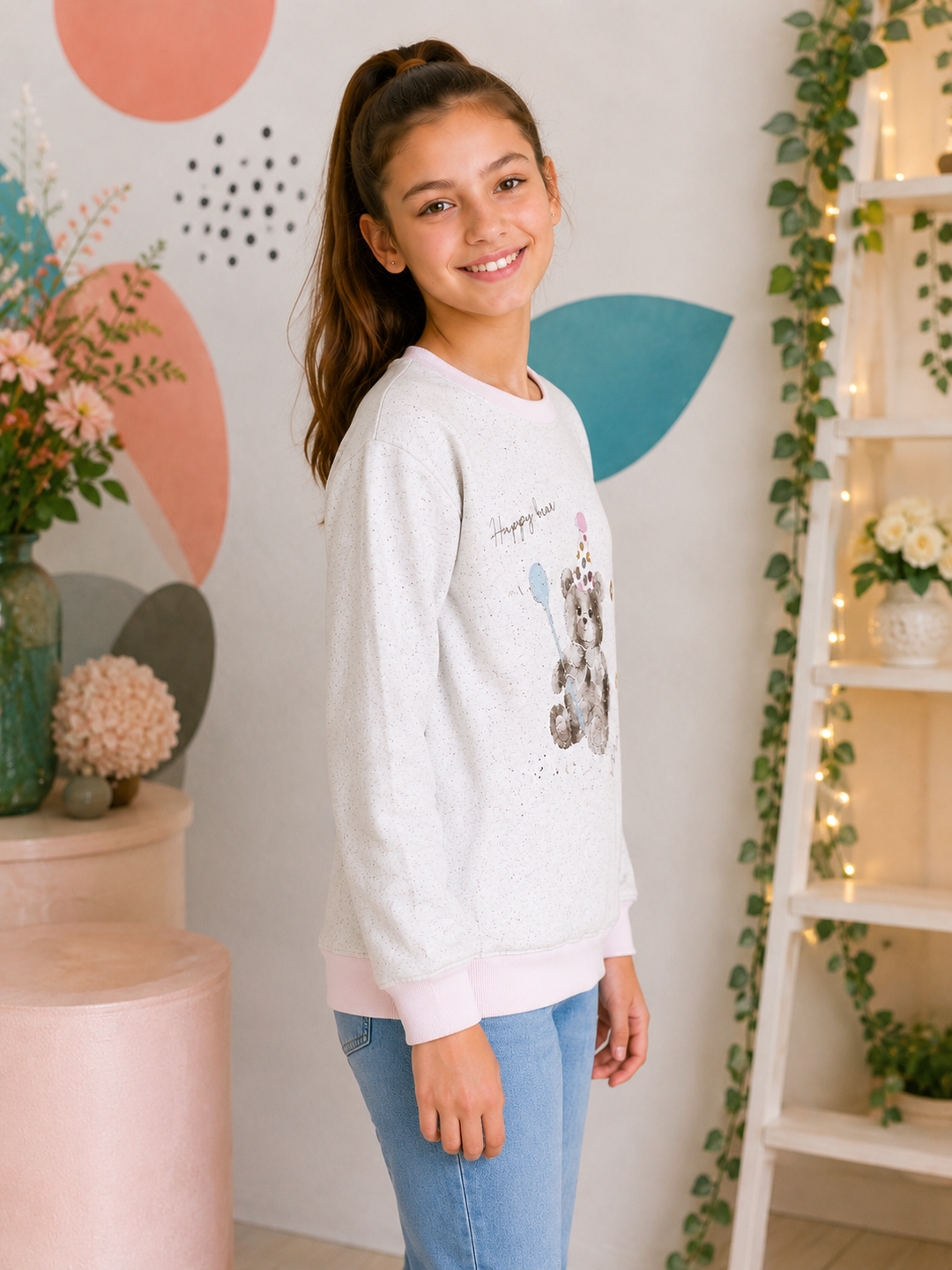 Sportking Girls Happy Bear Graphic Sweatshirt – Melange