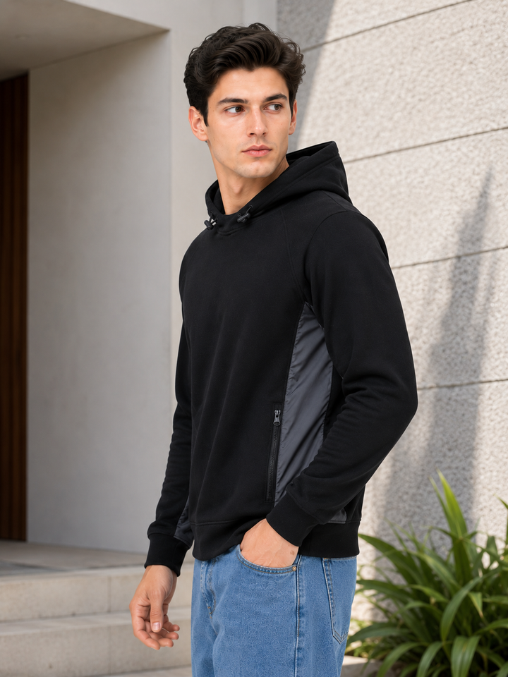Contrast Side Panel Hooded Sweatshirt – Black