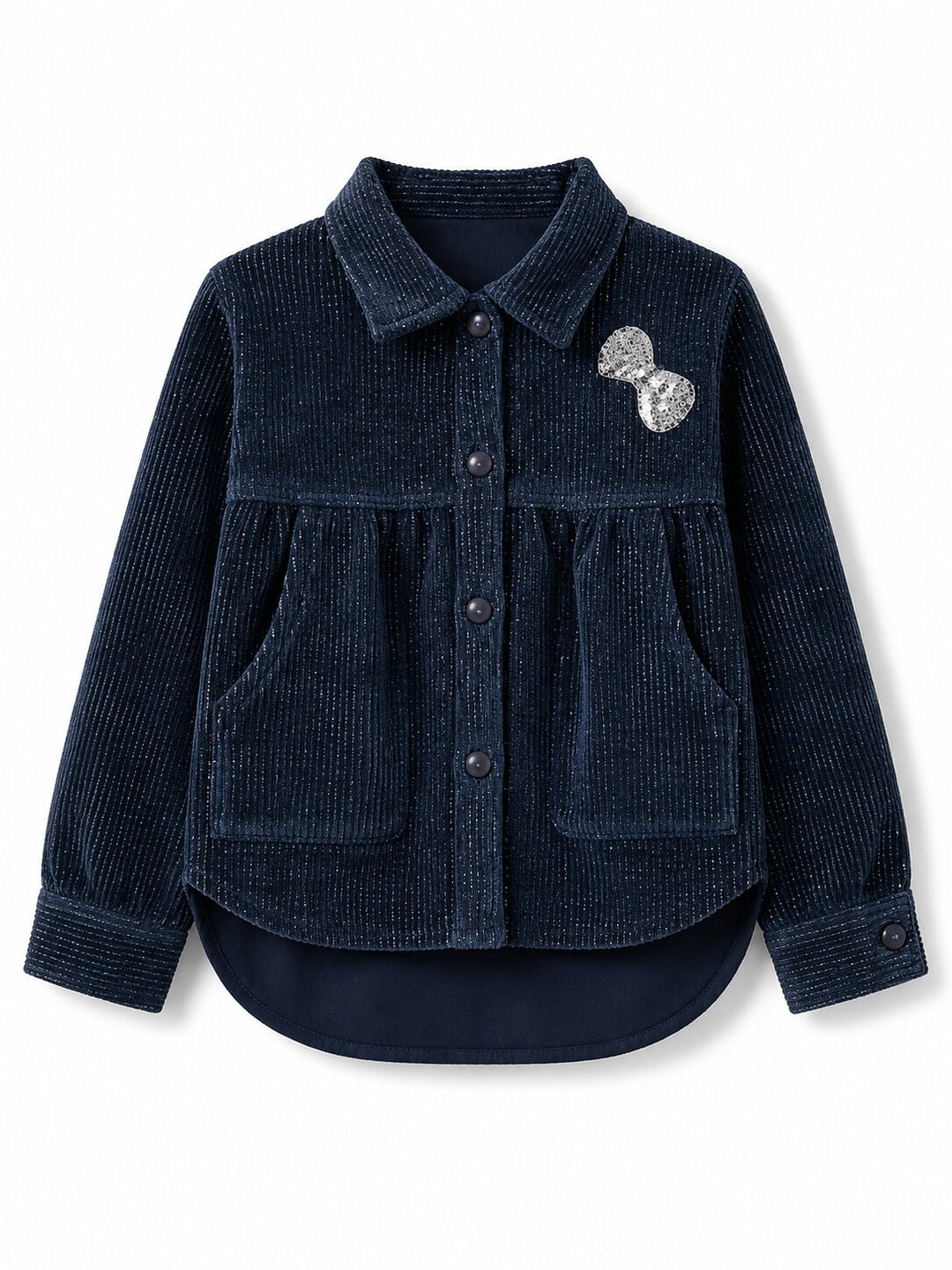 A dark navy blue corduroy button-up shirt jacket with a pointed collar, long sleeves, and two front patch pockets, featuring a silver sequined bow accessory on the left chest, shown against a plain white background.