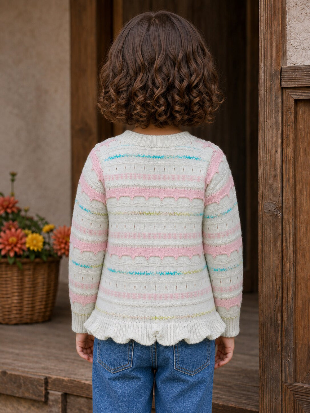 A child viewed from behind wearing a cream knit sweater with horizontal pink and light blue stripes and scalloped trim, paired with blue jeans, standing in front of a rustic wooden doorway.