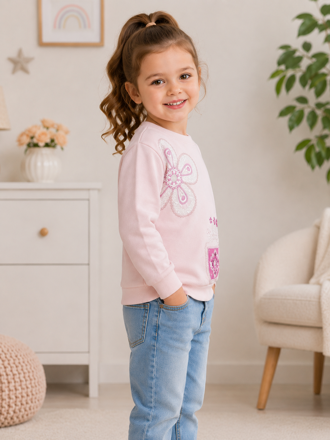 A young girl with brown hair in a ponytail stands in a brightly lit room wearing a light pink sweatshirt with a purple butterfly graphic and blue jeans.
