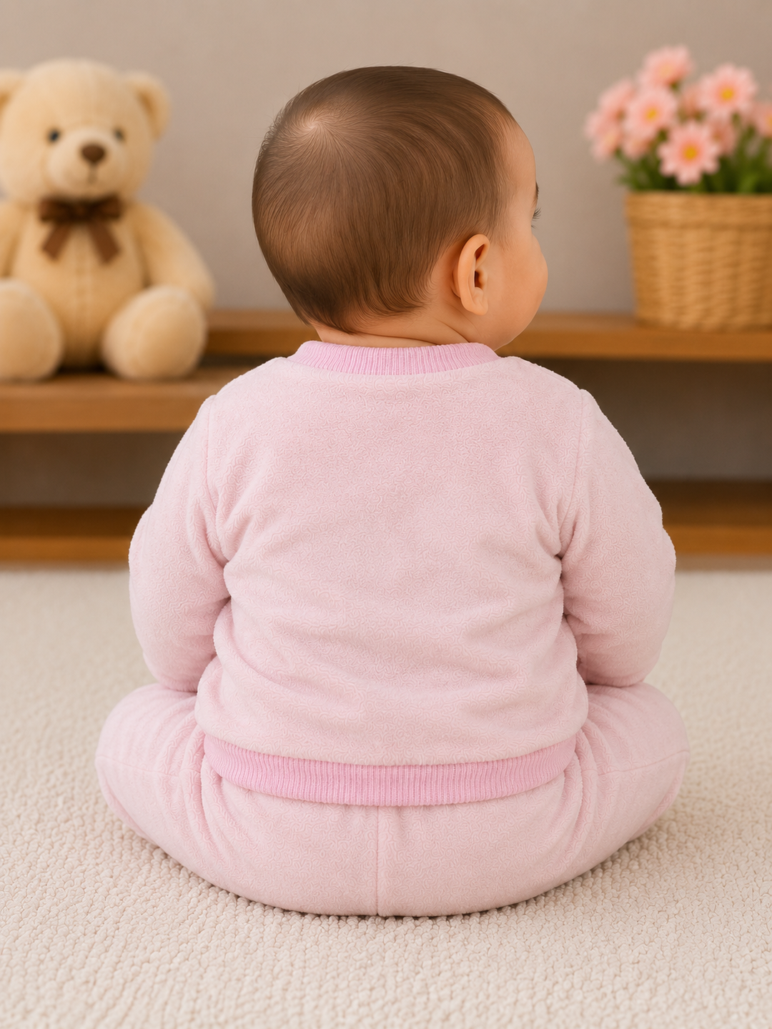 A baby sitting on a cream carpet, viewed from behind, wearing a light pink fleece pajama set with ribbed trim. In the softly blurred background, a beige teddy bear sits on a wooden shelf next to a basket of pink flowers.